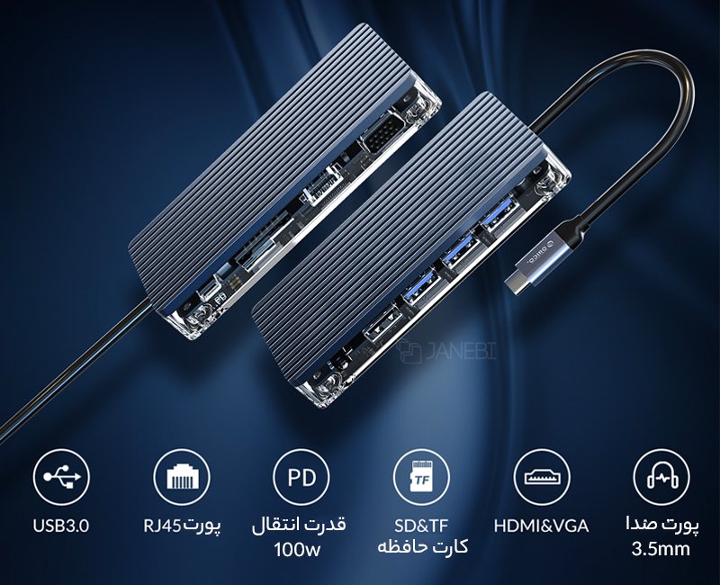 هاب 8 پورت تایپ سی اوریکو Orico WB-8p Type-C 8-in-1 Transparent Hub