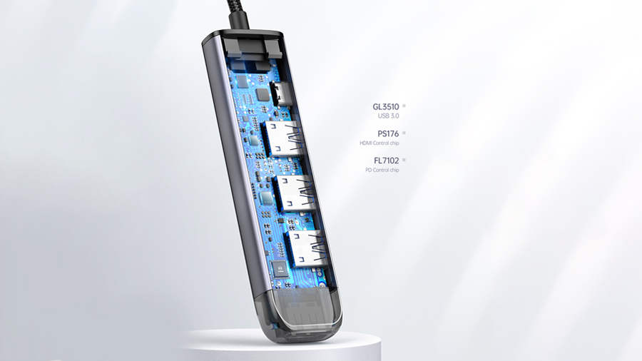 هاب آداپتور تایپ سی 5 در 1 مک دودو MCDODO 5 in 1 USB-C HUB HU-775 دارای تراشه کنترل هوشمند عملکرد هاب