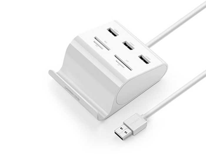 هاب یو اس بی 3 پورت و کارت خوان یوگرین Ugreen US156 USB 3.0 3-Ports Hub + Card Reader And Phone Stand