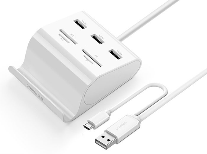 هاب یو اس بی 3 پورت و کارت خوان یوگرین Ugreen US156 USB 3.0 3-Ports Hub + Card Reader With Cradle