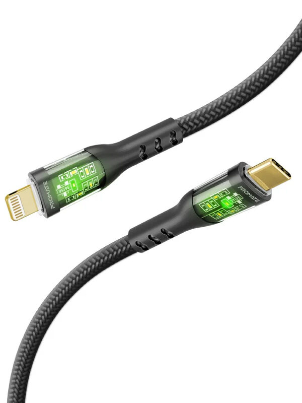 کابل USB-C به لایتنینگ شارژ سریع پرومیت مدل TRANSLINE-CI.BLACK به طول 1.2 متر و توان 27 وات